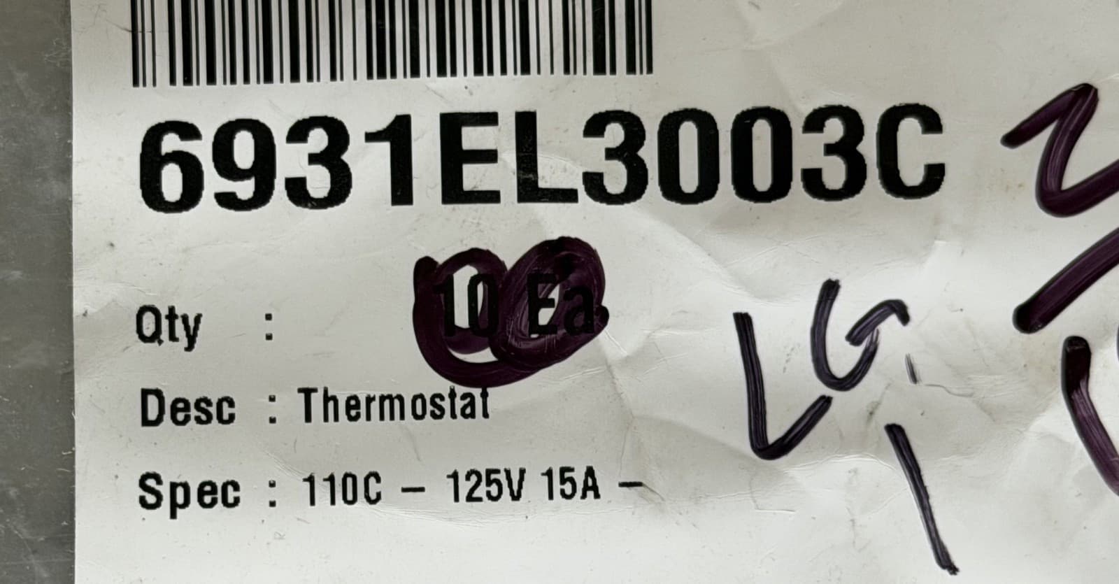 6931EL3003C OEM LG Dryer High Limit Thermostat  New Genuine — thumbnail 3
