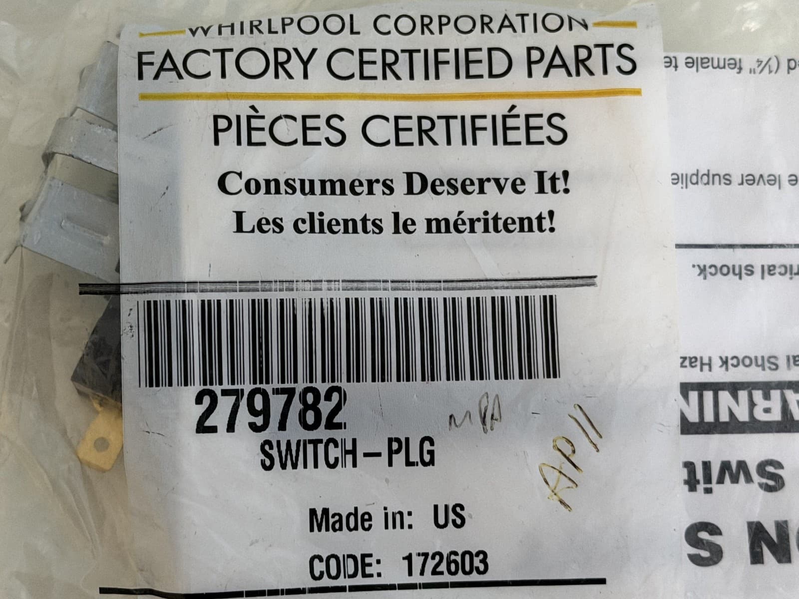 279782 Whirlpool  Dryer Belt Switch Kit OEM  New Genuine — thumbnail 2