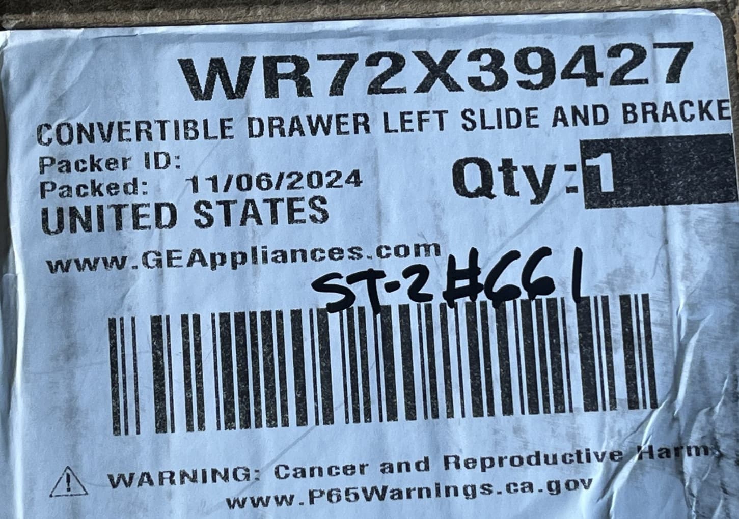 New Genuine OEM GE Convertible Drawer Bracket ,Left Side CVE28DP4NCW2 WR72X39427 — thumbnail 3