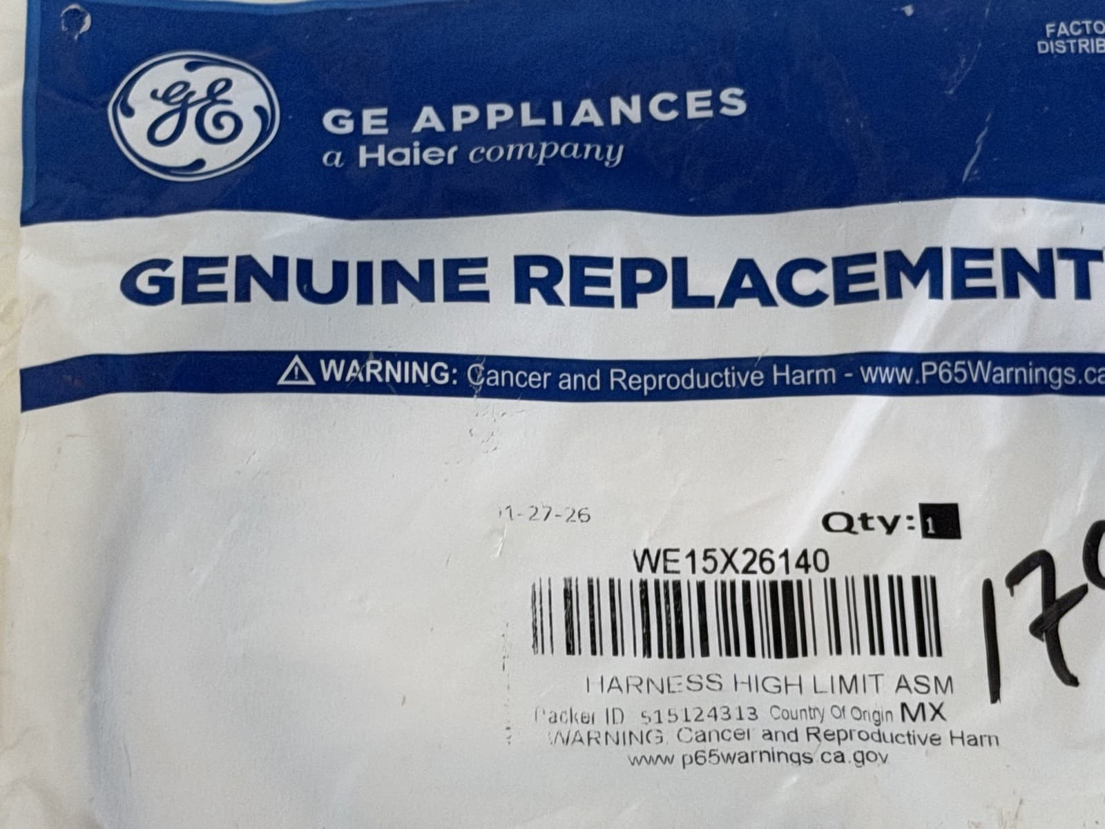 WE15X26140 GE Dryer Harness, High Limit (Assembly) OEM New Genuine — thumbnail 2